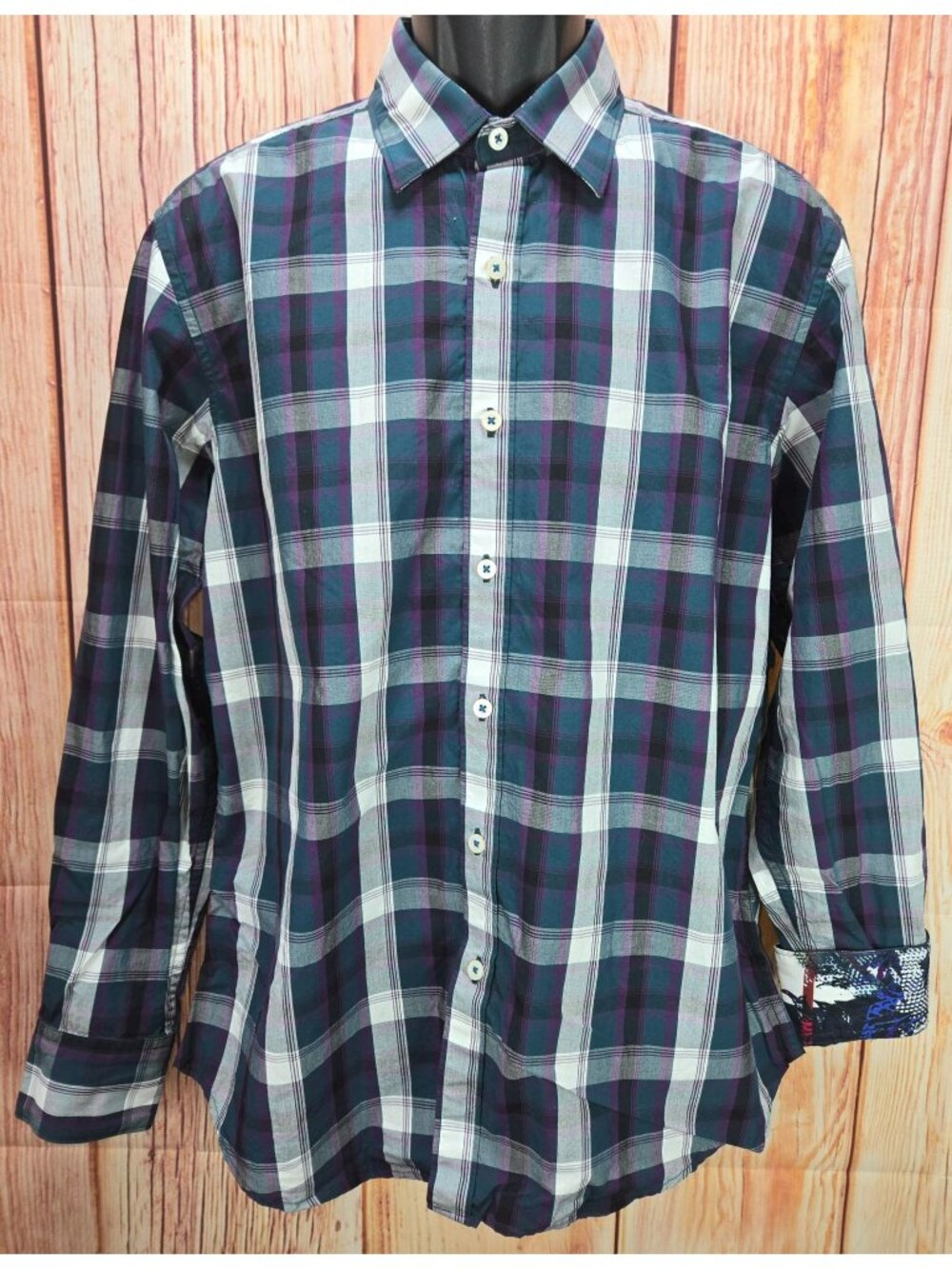 Robert Graham Mens Classic Fit Blue-Purple Plaid Shirt Medium